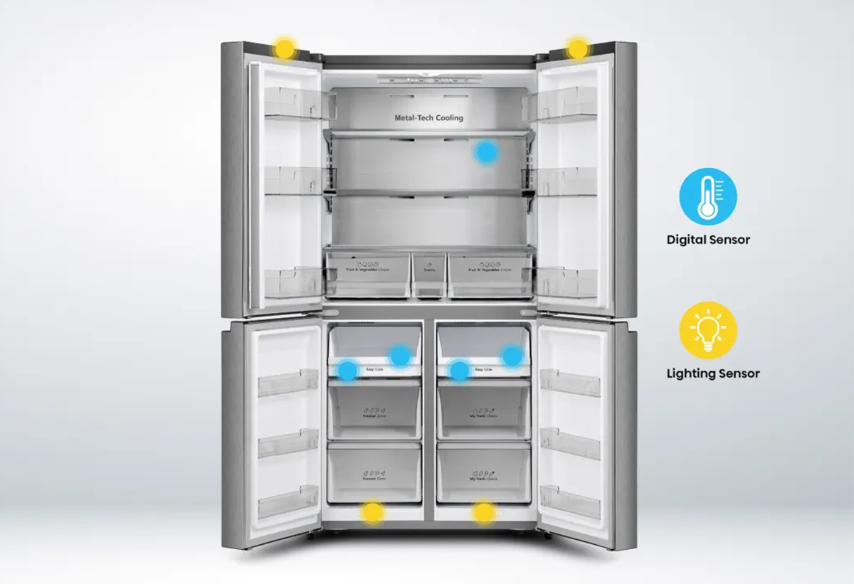 Απεικονίζεται το ψυγείο ανοιχτό με τους αισθητήρες χρωματισμένους.